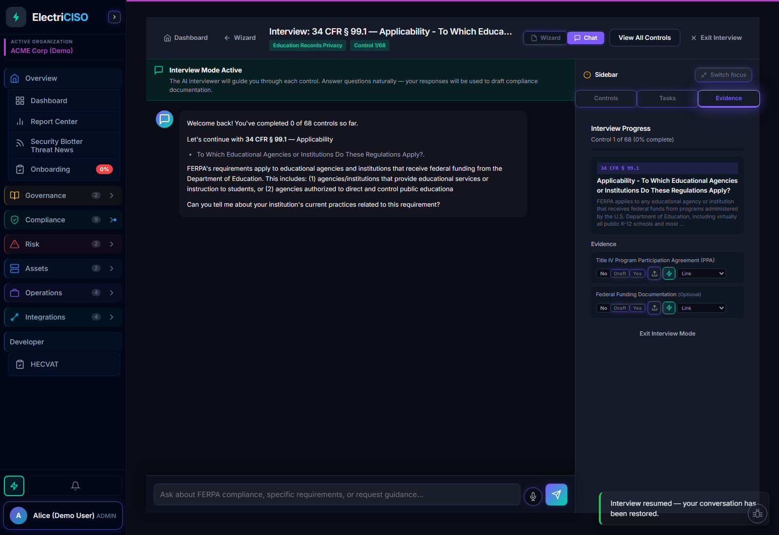 Evidence table showing required evidence items with No/Draft/Yes states and AI generation buttons