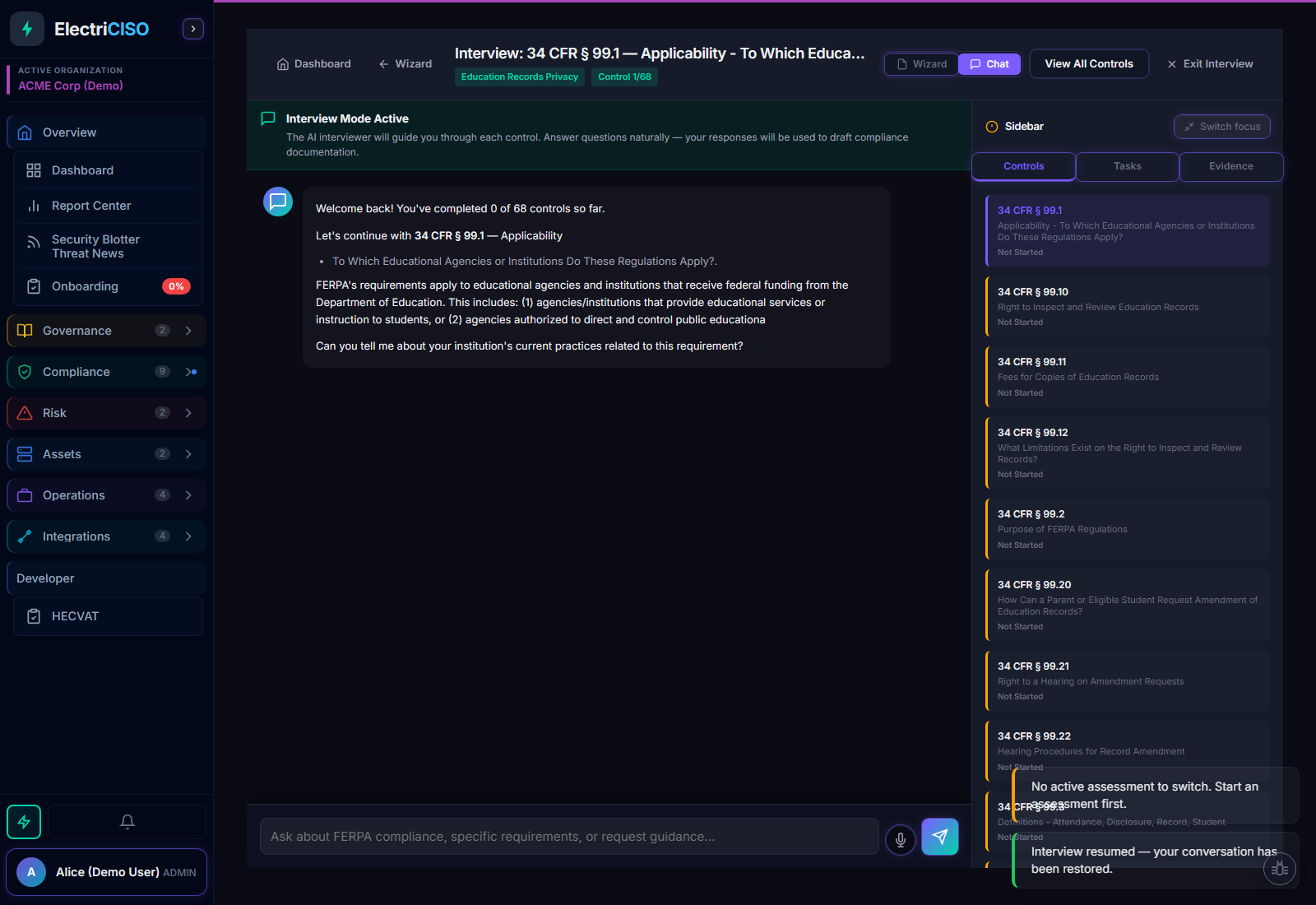 FERPA AI Interview Mode showing 70/30 split view with AI chat on left conducting the interview and Controls, Evidence, Drafts tabs on right