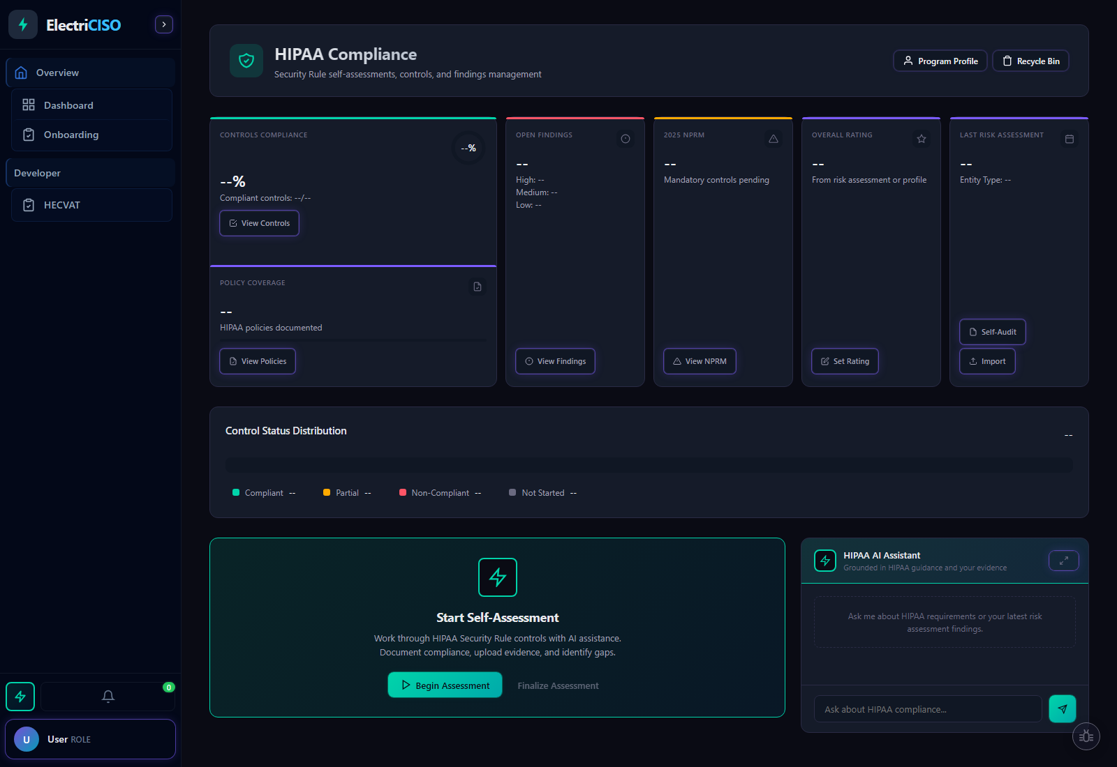 HIPAA compliance with action cards and KPI stats