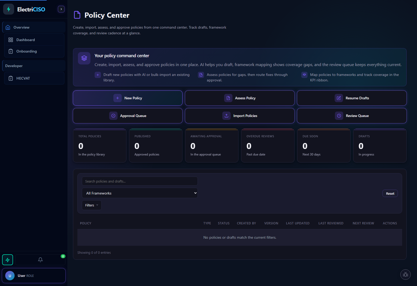 Published policy showing metadata, numbered sections, version history, and export options