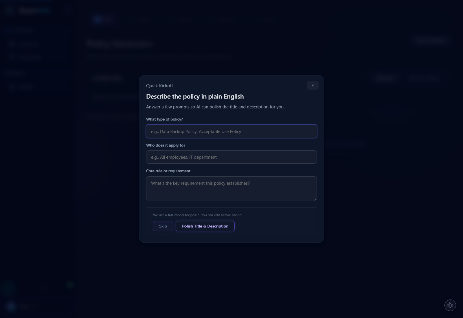 Policy Generator wizard showing plain-English policy input and AI-generated title and scope