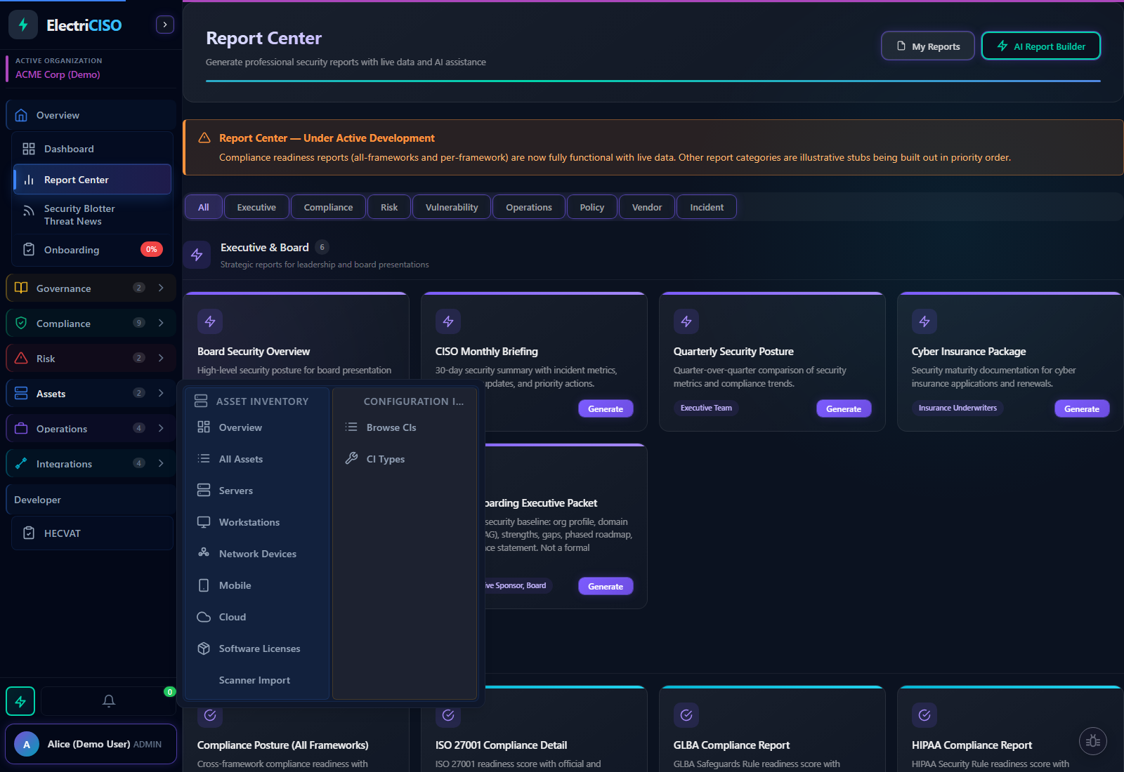 ElectriCISO Report Center template gallery with executive, compliance, and operational report options