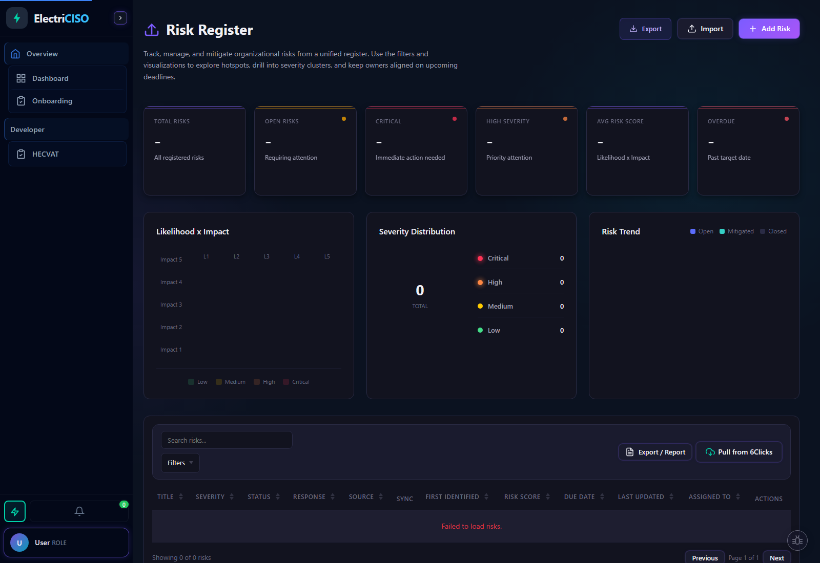Risk detail panel showing severity score, ownership, response category, timeline, mitigation plan, and activity log